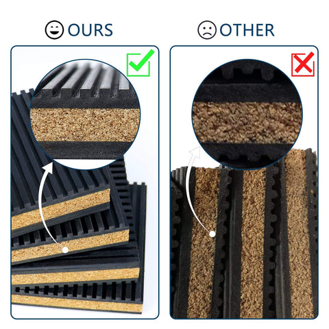 Comparison showing anti vibration pads. Ours: Rubber and cork layers, smooth surface. Other: Rough surface. Anti Vibration Pads For Home And Workshop Applications 4 By 4 By 7 Eighth Inch Rubber And Cork Vibration Isolation Pads To Reduce Noise And Vibration Durable Oil Resistant Weatherproof 4 Pack.