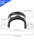 Front view of 1 Inch Reinforced Rigid Pipe Strap U Bracket Cable Clamp Hanger with Rubber Cushioned Insulated Clamp, size details shown.