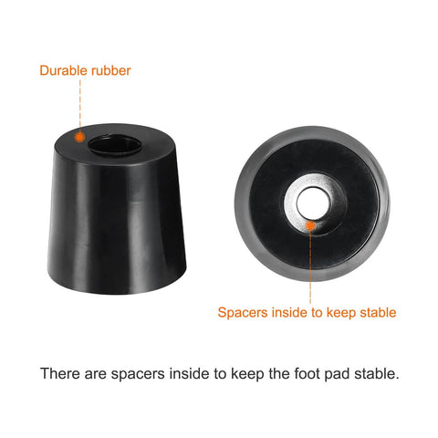 Four Pack Round Rubber Cutting Board Feet With Stainless Steel Screws No Slip Bumpers For Furniture Chairs Desks And Electronics That Keep Your Setup Solid 0.24 Inch Wide By 1.18 Inch High, showing a black rubber foot with durable rubber and internal spacers for stability.