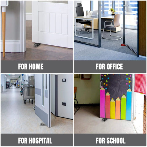 Door Stoppers for Bottom of Door Premium Floor Rubber Door Stop Wedge Made in USA, shown in home, office, hospital, school settings