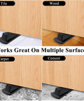 4 Pack Door Stoppers, Rubber for Bottom of Door, demonstrating use on tile, wood, carpet, and cement floors