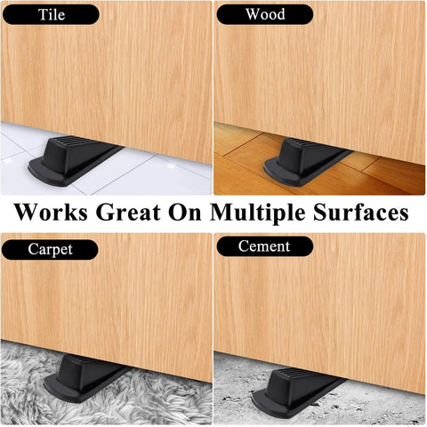 4 Pack Door Stoppers, Rubber for Bottom of Door, demonstrating use on tile, wood, carpet, and cement floors