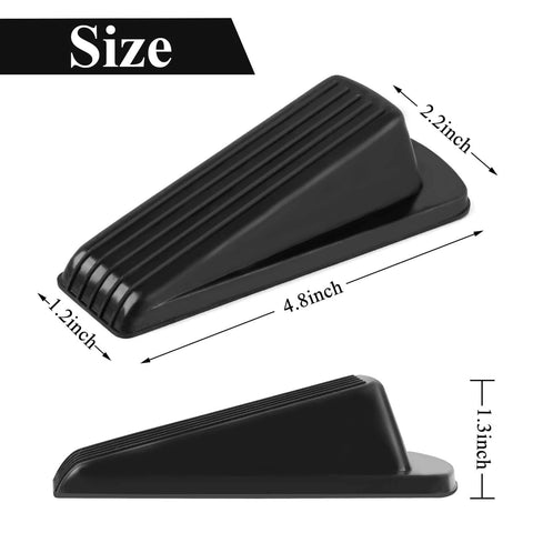 4 Pack Door Stoppers, Rubber for Bottom of Door, Rubber Door Stopper Wedge, sturdy black design, dimensions shown, side view.