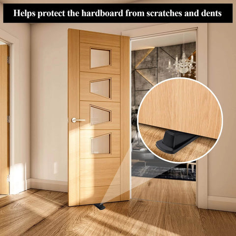 4 Pack Door Stoppers, Rubber for Bottom of Door, Rubber Door Stopper Wedge in use on wooden floor with door open