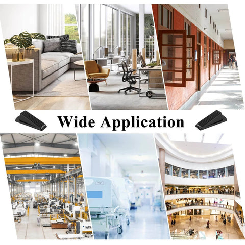 Collage showcasing a living room, office, school, factory, hospital, and mall, showing wide application of 4 Pack Door Stoppers, Rubber for Bottom of Door.
