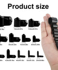 Hand holding Round Rubber End Caps Set 158 Pieces with 12 sizes in black, showing various dimensions for tubing and furniture protection.