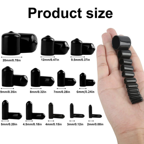 Hand holding Round Rubber End Caps Set 158 Pieces with 12 sizes in black, showing various dimensions for tubing and furniture protection.
