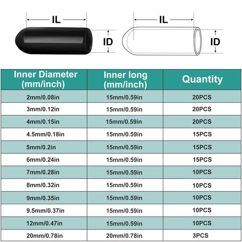 Size chart for Round Rubber End Caps Set 158 Pieces With 12 Sizes Includes Vinyl Tube Bolt Caps And Screw Thread Protectors.