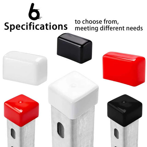 Soft rubber end caps for 1-5/8 inch Unistrut channels in white, red, and black displayed with various specifications.