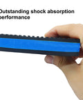 Side view of Eight Pack 4 By 4 By 0.875 Inch Heavy Duty Rubber Anti Vibration Pad with blue EVA layer held in hand.