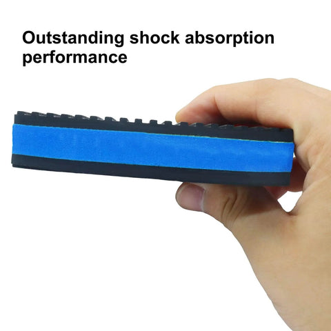Side view of Eight Pack 4 By 4 By 0.875 Inch Heavy Duty Rubber Anti Vibration Pad with blue EVA layer held in hand.