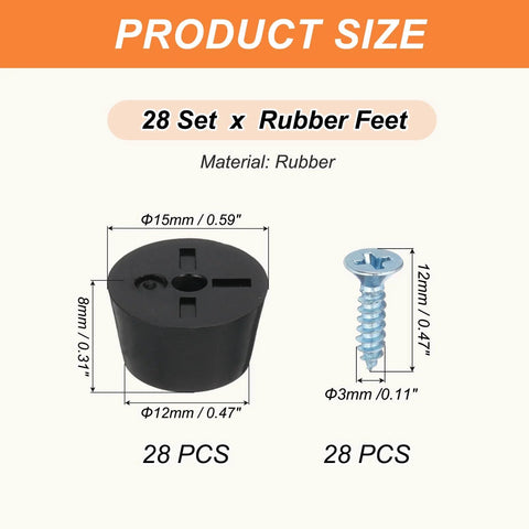 28 Pack Rubber Feet Set 15x12x8mm Screw On Grippy Non Slip Bumpers For Electronics Furniture Cutting Boards with 3x12mm Screws