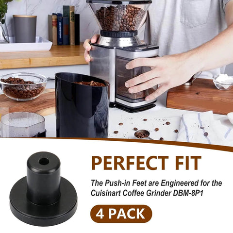 Person using coffee grinder with anti slip rubber feet bumper set for coffee grinders replacement push in base bumpers shown.