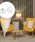 Living room with two yellow chairs and a lamp, inset showing 20 Pack No Slip Rubber Feet Bumpers With Stainless Steel Screws For Cutting Boards, Furniture, Chairs And Desks, Black, 0.79 In Top Diameter