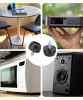 14 Piece Rubber Feet Set Non Slip Bumpers With 5mm Screw On Hardware For Electronics Furniture Cutting Boards Chairs Cabinets Sofas And Speakers Round Black Pads Measuring 20x14x17mm in use with furniture, electronics, and speakers.