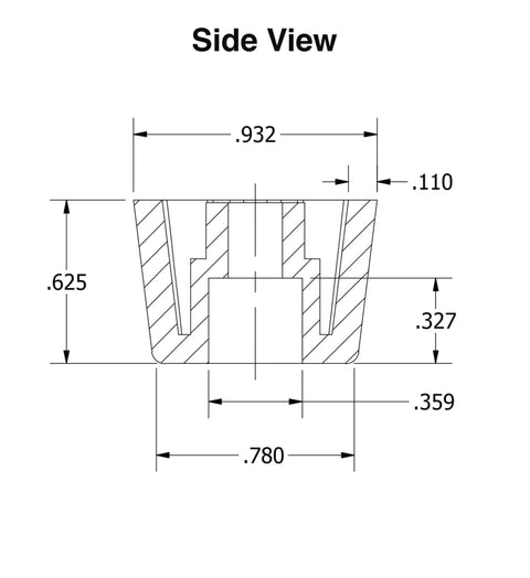 Side view diagram of All American Made 4 Medium Extra Tall Round Rubber Feet Bumpers With Center Hole, dimensions labeled