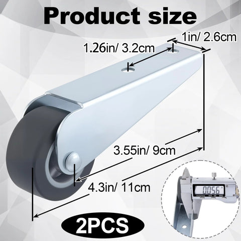 Two Pack Gate Caster Wheels Replacement 1.6 Inch Rubber Rolling Swivel Casters with dimensions and grey non-slip wheel