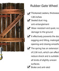Wooden gate with 4 Inch Spring Loaded Rubber Gate Wheel With Heavy Duty Swivel Caster And Universal Mount Plate, 360 Degree Rotation With Brake, Adjustable Spring For Easy Gate Rolling.