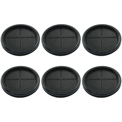 Set of six black rubber grommets for wiring 2-1/8 inch ID, 2-1/2 inch drill hole, for automotive enclosures and metal electrical boxes.