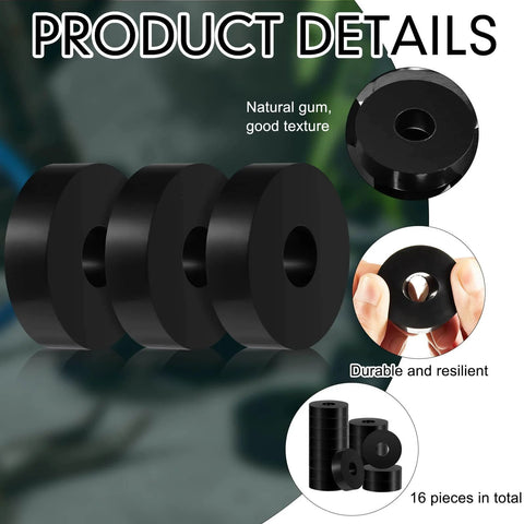 Set of 16 thick rubber isolation pads with 1.5 inch outer diameter, 0.5 inch inner hole, and 0.4 inch thickness delivers strong vibration damping