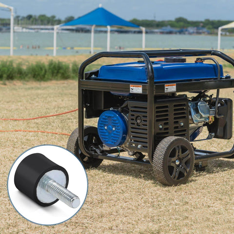 Compact M6/M8 cylindrical rubber isolator shown near outdoor generator demonstrating vibration damping for equipment