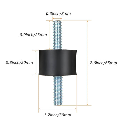 8 Pack M8 Rubber Isolator Mounts Anti Vibration Isolation Mounts With Double Stud For Air Compressors Garage Motors And Diesel Engines Reducing Vibration Noise And Protecting Equipment, shown with measurements