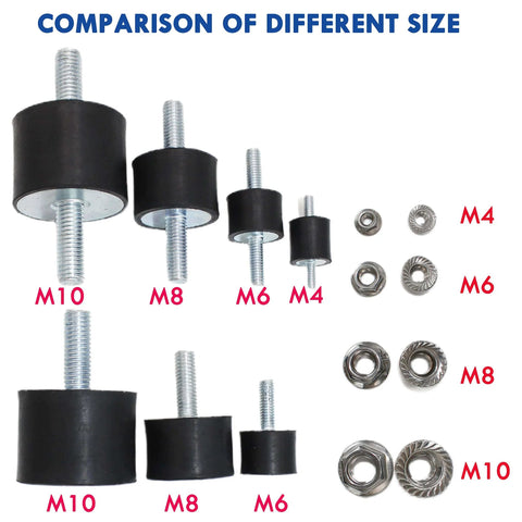 Comparison of various sizes of rubber isolator mounts with double studs and locknuts, including M10 40x30 mm for compressors.