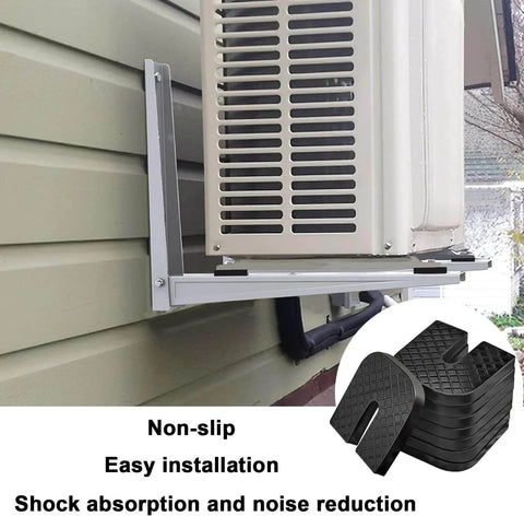 Four Pack Rubber Isolator Pads for Air Conditioners reduce vibration and noise, protect condenser outdoor unit, installed on wall.