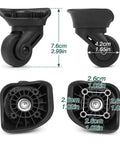 2 Pack Rubber Luggage Wheels Replacement Set with 360 Degree Swivel Caster For Suitcase Repair Durable, Wear Resistant Plastic Wheel Upgrade Non Universal Size Check Dimensions Before Install, showing two side views and bottom views with measurements.