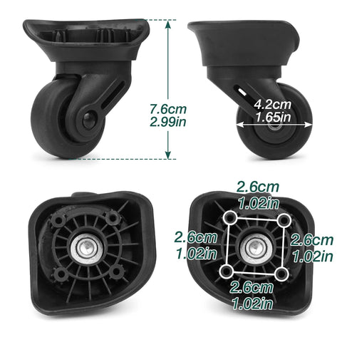 2 Pack Rubber Luggage Wheels Replacement Set with 360 Degree Swivel Caster For Suitcase Repair Durable, Wear Resistant Plastic Wheel Upgrade Non Universal Size Check Dimensions Before Install, showing two side views and bottom views with measurements.