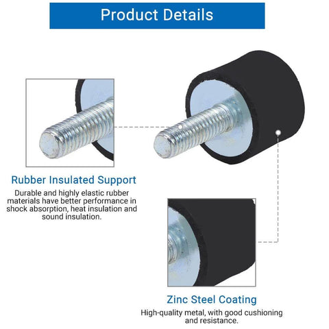 Compact M6/M8 cylindrical rubber isolators deliver reliable vibration damping, shock absorption, and noise reduction for welding machines, cars, boats and equipment; features threaded studs for easy mounting and silent operation.