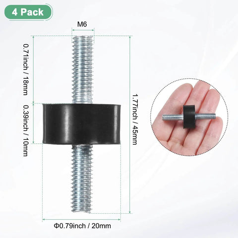 Four Pack D20xH10mm Rubber Mounts with M6x18mm Studs, Rugged Vibration Isolators