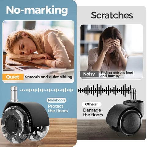 Comparison of Nataboon Two Inch Office Chair Wheels and standard casters on hardwood. Shows smooth rolling vs scratching.