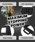 Illustration showing Heavy Duty Rubber Pallet Jack Wheel Chocks 2 Pack features: sturdy rubber, anti-slip bottom, slope design, and handle.