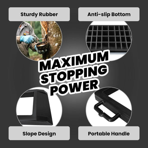 Illustration showing Heavy Duty Rubber Pallet Jack Wheel Chocks 2 Pack features: sturdy rubber, anti-slip bottom, slope design, and handle.