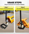Heavy Duty Rubber Pallet Jack Wheel Chocks 2 Pack For Trucks And Pallet Handling Premium Non Slip Stopper With Anti Slip Bottom Oxidation-Resistant Rubber Durable Pallet Jack Stoppers 14.2 X 11.2 X 2 Inches HOXWELL shown in use with pallet jack.