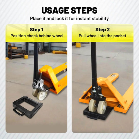 Heavy Duty Rubber Pallet Jack Wheel Chocks 2 Pack For Trucks And Pallet Handling Premium Non Slip Stopper With Anti Slip Bottom Oxidation-Resistant Rubber Durable Pallet Jack Stoppers 14.2 X 11.2 X 2 Inches HOXWELL shown in use with pallet jack.