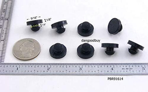 Eight Rubber Push In Ridged Stem Bumpers with 9/16 inch diameter for 1/4 inch hole, quarter coin for scale, rulers indicate sizing.