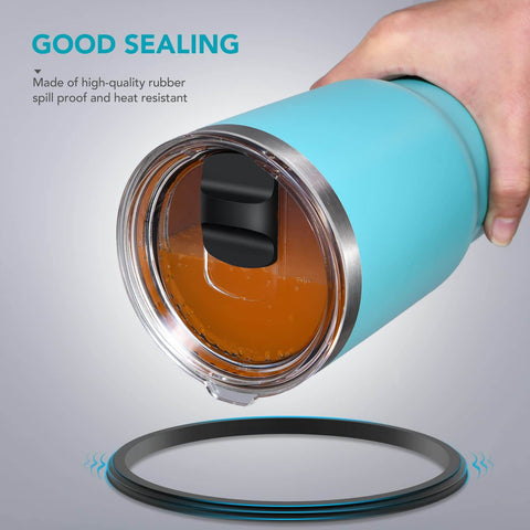 Yeti Lid Rubber Seal Replacement Gasket Set For Leakproof O Ring, compatible with Yeti mugs, visible installed on blue tumbler.