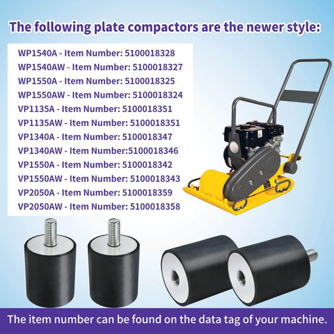 Set of four upgrade tamper rubber shock mounts for WP1540, WP1550, VP1135, VP1340, VP2050 compactors, displayed with tools.