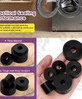 Round Spacer Assortment Kit With Six Sizes 20x20x10mm 25x10x10mm 27x6x10mm 30x15x10mm 35x20x10mm 40x10x12mm Anti Vibration Black Neoprene Rubber Washers For Home And Car Accessories Swpeet displayed on hand and wooden surface.