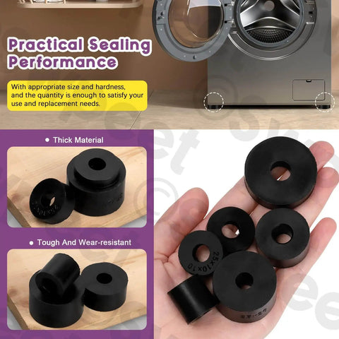 Round Spacer Assortment Kit With Six Sizes 20x20x10mm 25x10x10mm 27x6x10mm 30x15x10mm 35x20x10mm 40x10x12mm Anti Vibration Black Neoprene Rubber Washers For Home And Car Accessories Swpeet displayed on hand and wooden surface.