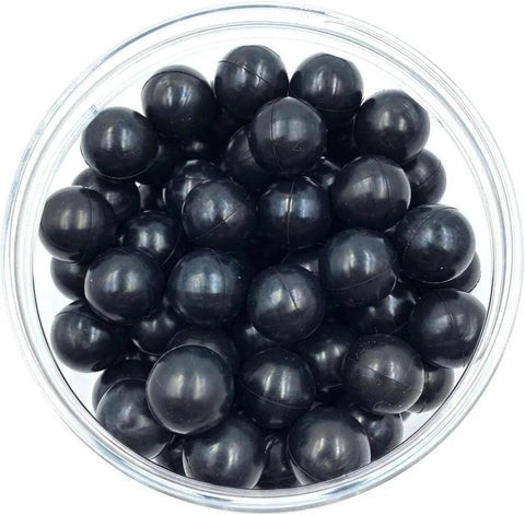 50 x Premium Quality Hard Mix Rubber Steel Balls 2.7 Grams Heavy Reusable Projectiles Paintballs Reballs Powerballs for Training Home Defense Pistols in 50 Caliber (S-Type) in a clear bowl