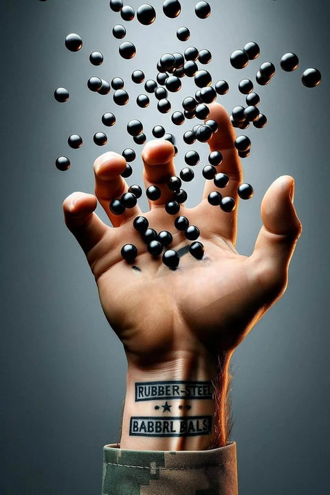Hand holding 50 x Premium Quality Hard Mix Rubber Steel Balls 2.7 Grams Heavy Reusable Projectiles Paintballs for 50 Caliber Pistols