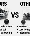 Comparison of 50 x Premium Quality Hard Mix Rubber Steel Balls vs. Others in packaging and material