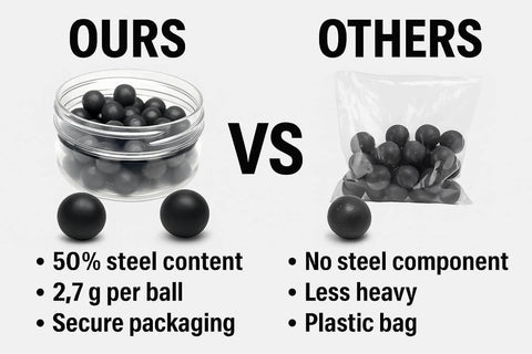 Comparison of 50 x Premium Quality Hard Mix Rubber Steel Balls vs. Others in packaging and material