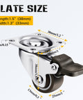 12 Pack 1 Inch Low Profile Soft Rubber Swivel Casters With 360 Degree Top Plate, side view showing plate dimensions and brake.