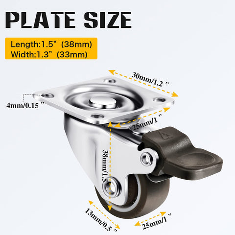 12 Pack 1 Inch Low Profile Soft Rubber Swivel Casters With 360 Degree Top Plate, side view showing plate dimensions and brake.