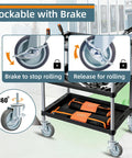 Rubber Swivel Caster With Side Brakes, 3 Inch Wheel, Threaded Stem 3/8 Inch Diameter, shown on a rolling cart with brake illustration
