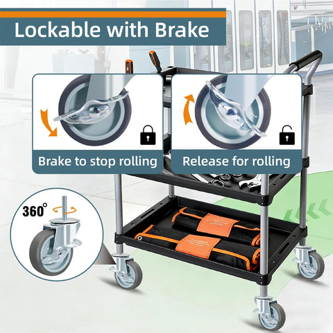Rubber Swivel Caster With Side Brakes, 3 Inch Wheel, Threaded Stem 3/8 Inch Diameter, shown on a rolling cart with brake illustration